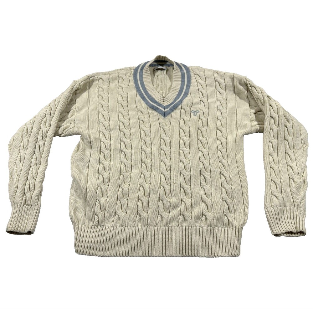 TNA Womens Cable Knit V Neck Sweater Ivory Navy Cotton Preppy Academia Sz S Flaw